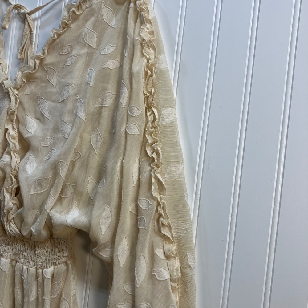 Peach Love California Cream Embroidered Leaf Smocked Tiered Mini Dress L Peasant - Picture 5 of 11